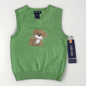 NWT Cherokee Kids Sweater Vest 5T Green Puppy Dog Cotton Knit Preppy Toddler Y2K